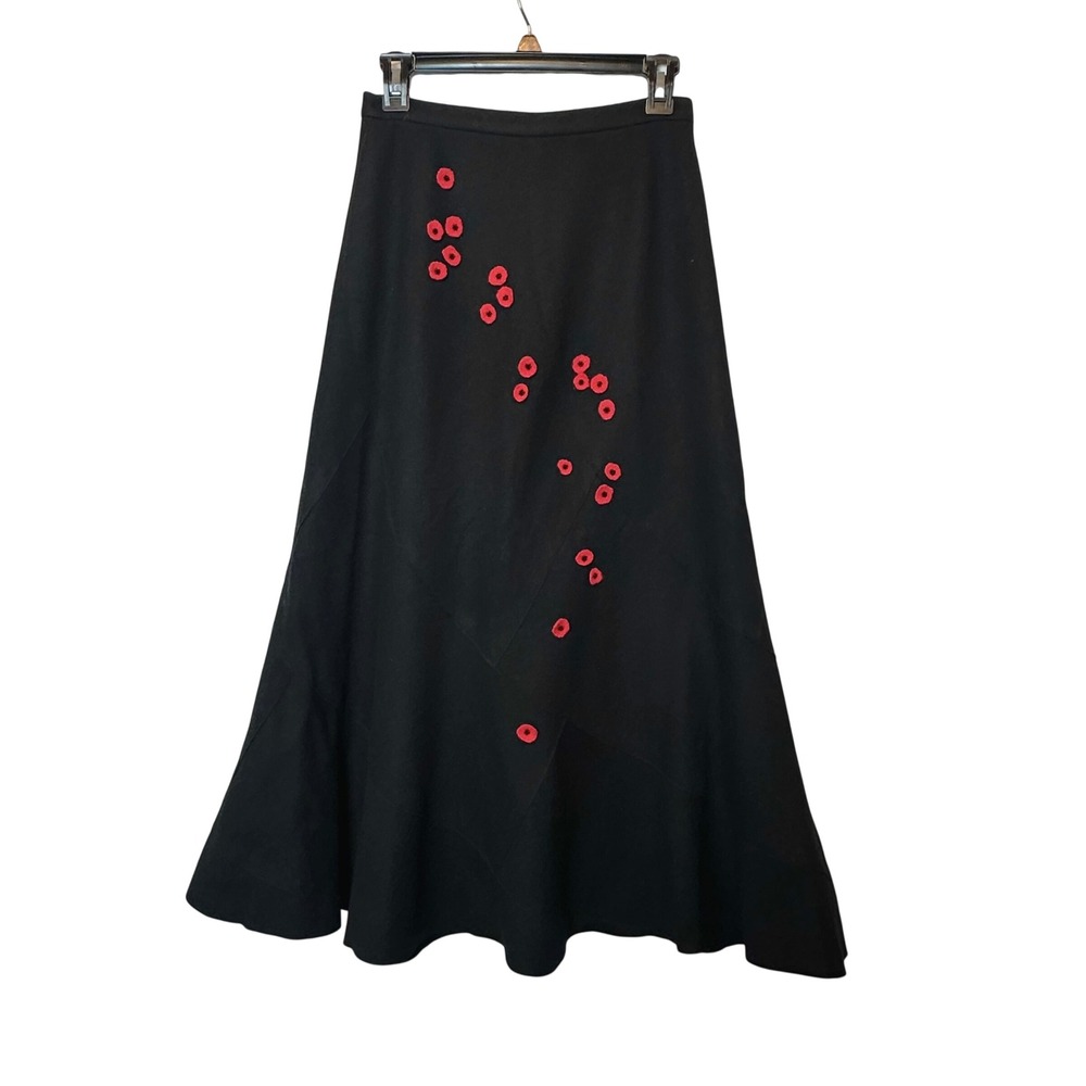 Jon Black Wool Blend A Line‎ Midi Skirt Red Poppy Flower Beaded Detail Size 6